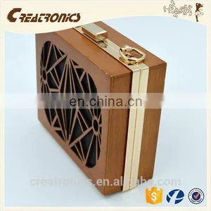 CR Factory OEM Acceptable Engraving Patterns Hollowed-out Design Metal Frame Long Chain Rectangled Shaped Wooden Box Clutch Bag thumbnail-1