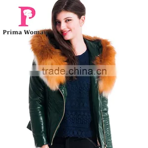 New Design Winter Women Short Slim Fit Leather Jacket With Red Fox Hat Overcoat thumbnail-3