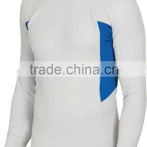 92% Polyester 8% Spandex (Lycra) Crew Neck Long Lunar White Compression Shirt / Rash Guard With Blue Side Panels thumbnail-1