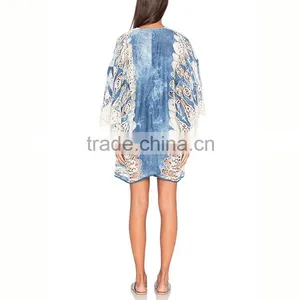 Stylish Trench New Design Boho Wite Blue Lace Kimono Woman Overcoat thumbnail-3