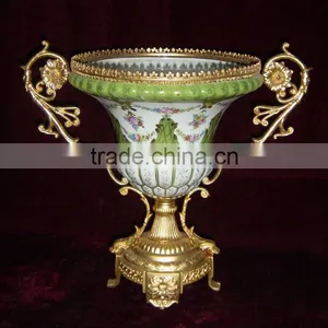 Floral Design Ceramic Fruit Bowl With Gilt Copper Mounted and Base thumbnail-3