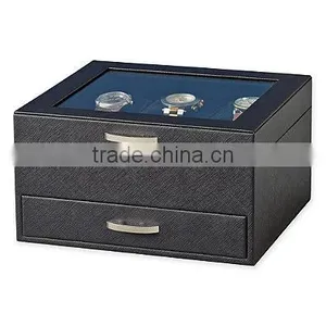 Watch Box Black Leather Display Glass Top Jewelry Case Organizer thumbnail-1