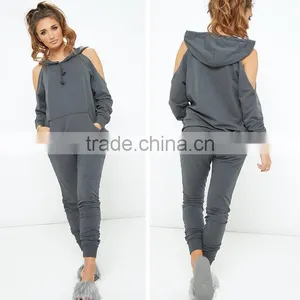 Fashion New Design Sports Sets Cold Shoulder Tops Drawstring Waist Cotton Knit Loungewear High Quality Tracksuits For Adult thumbnail-1