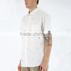 New Fashion Custom Button up Short Sleeve White Printed Shirts for Men thumbnail-2