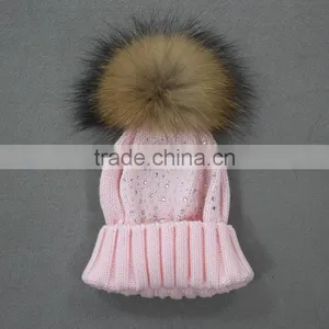 Myfur Chinese Manufacturer Woolen Hat for Kids With Detachable Raccoon Fur Pompom thumbnail-3