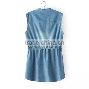 EY0492A 2015 New Desgin Women Pure Color Sleeveless Collar Cowboy Dress thumbnail-2