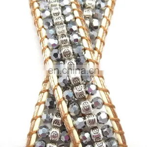 Handmade Beaded Wrap Bracelet Features 3 Rows of Circular and Square Stones Surrounded by a Natural Colored Cord on Both Sides thumbnail-5