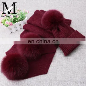 Winter Wool Knitted Beanies Scarf Fox Fur Pompom Knitted Hat Wool thumbnail-4