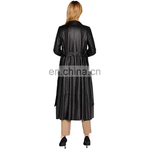 Women Long Body Lambskin Black Full Body Trench Leather Coat thumbnail-5
