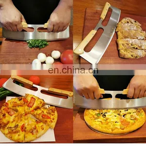 Amazon Hot Sell Pizza Cutter Slicer Knife With Double Wooden Handle Stainless Steel Pizza Cutter Pizza Tools thumbnail-4