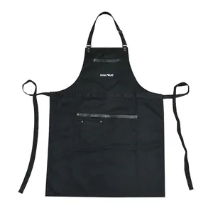Canvas Work Apron Belt Ornament Zipper Pockets Adjustable Neck Strap Heavy Duty Unisex Kitchen BBQ Gardening Black Apron thumbnail-5