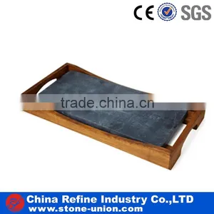 2016 Natural Stone Slate Black Hand Slate Rectangular Tray With Wooden Holder Handle 40x30cm Slate Cheese Board With Handles thumbnail-1