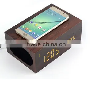 Wireless Charger+Clock+Alarm+Thermometer,New Style Wood Bluetooth Speaker thumbnail-3