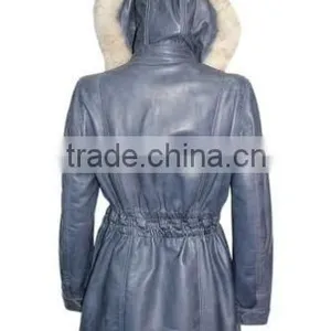 Ladies Baby Blue Knee Length Detachable Fur Hooded Soft Nappa Leather Jacket thumbnail-2