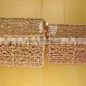 Rectangular Strong Natural Rattan Basket Set of 2 With Iron Frame and Handles thumbnail-1