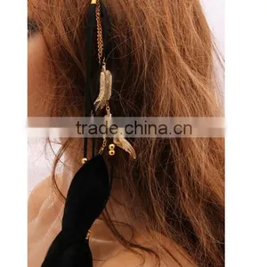 2016 Hot Selling Women Lady Double Layers Braided Hairband Colorful Feather Leaf Pendant Head Band thumbnail-4