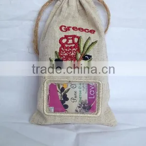Cotton Linen Gift Packing Bags With Pvc Window and Greek Oil Designs Embroidery thumbnail-2