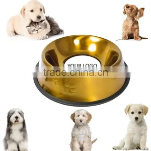Embossed Non-Tip Stainless Steel Dog Bowl, Gold thumbnail-1