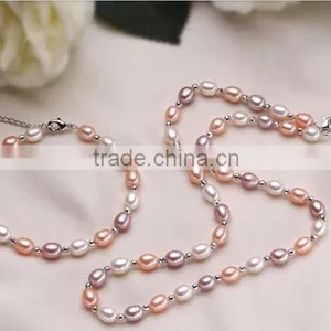 3-4mm Rice Shape Freshwater Pearl Necklace and Bracelet Sets thumbnail-1