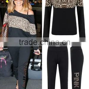 Ladies Leopard Print & Off Shoulder Black Tracksuit Jessica Wright Celeb Joggers thumbnail-1