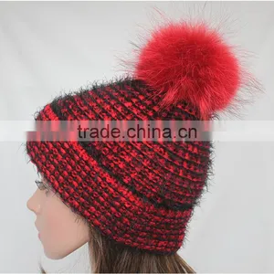 Myfur Red And Black Customized Adult Wool Beanie Hat With Real Fur Bobble thumbnail-1