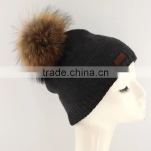 Myfur Newest Fashion Winter Crochet Hats Unisex Wholesale Genuine Raccoon Fur Pompom Beanie Wool Hats thumbnail-2