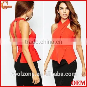 Halter Neck Smooth Stretch Fabric Peplum Top Wholesale Tank Top thumbnail-1