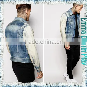 2016 Spring Tops Sleeves Bleached White Blue Denim Men's Jackets Clothes thumbnail-3