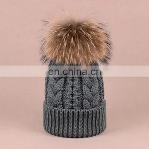Jumbo Genuine Raccoon Fur Pom Balls Hats Knitted Twist Pattern Hats thumbnail-1