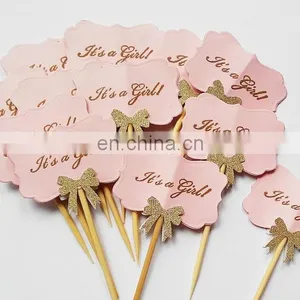 Newest Design 'It's a Girl' Pink Paper With Bow Cupcake Topper Cake Decoration thumbnail-1