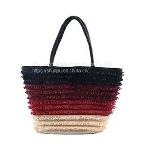 Multi Color Braid Striped Straw Beach Bag thumbnail-1