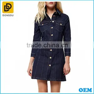 OEM Western Style Lady Long Sleeve Dark Blue Denim Button Up Thick Shift Cotton Winter Dress thumbnail-1