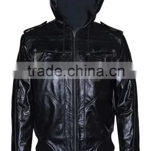 Black Hooded Leather Jacket for Men thumbnail-1