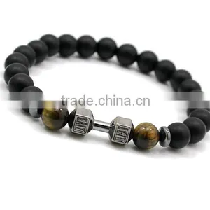Wholesale Alloy Metal Barbell Matte Black Stone Beads Fitness Fashion Dumbbell Bracelets thumbnail-3