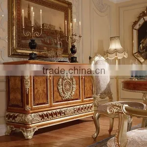 Luxury Gold Painted Decorative Side Cabinet, Dining Room Wooden Sideboard, Antique Carved Wooden Buffet thumbnail-3