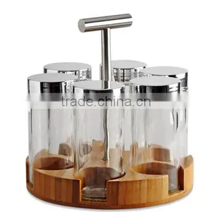 Rotatable Bamboo Spice Rack With Spice Jar and Pepper Mill Grinder thumbnail-1