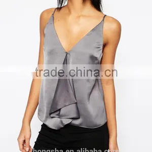 2016 Latest Ruffle Front Satin Cami Spagetti Strap Top HST8051 thumbnail-2