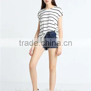 European American Style Leisure Loose Knitting Minimalism Round Collar Short Sleeve Stripe T-shirt thumbnail-6