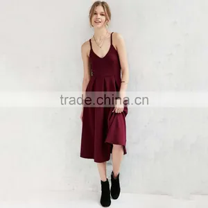 New Fashion Ladies Dress v Neck Long Red Plain Shoulder-straps Elegant thumbnail-1