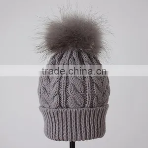 Myfur High Quality Wool Cable Knit Beanie Hat Pom Pom Custom Fur Hats thumbnail-5