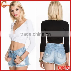 Latest New Design v Neck Crop Top Plain Wholesale Long Sleeve Women Crop Top thumbnail-1