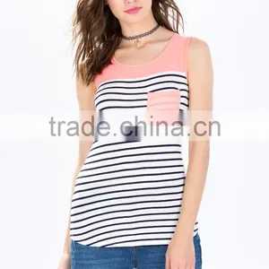 Hot Selling Sleeveless Strips Kinited Pocket Front Clip Back Lady Blouse thumbnail-2