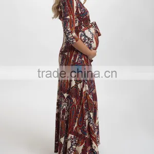 Newest Maternity Dresses With PinkBlush Burgundy Paisley Maternity Maxi Dress Women Wear WD80817-27 thumbnail-3