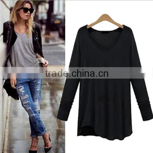 Big Yards Dress Pure Color Long Sleeve V-neck Shirt thumbnail-2
