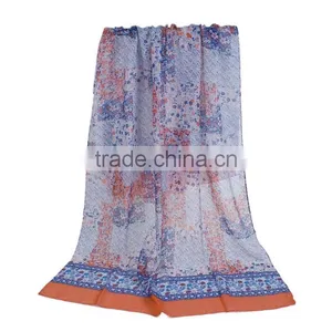 Voile Scarves & Wraps Rectangle Blue Orange Flower Ladies Fashion Scarves thumbnail-1