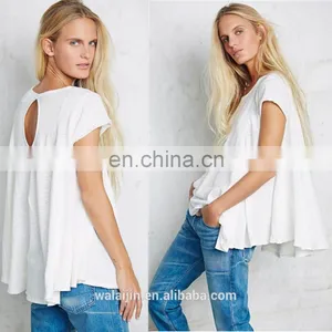 Short Sleeve Cotton Jersey Plain Color Ladie Back Cutout Tops,high Quality Babydoll Shirt thumbnail-2