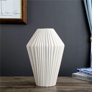 Pleated Battle Frosted White Geometry Three-Piece Ceramic Vase For Soft Decoration thumbnail-4
