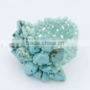 Turquoise Chip Stone Stretch Seed Glass Beads Ring thumbnail-1
