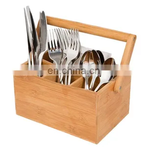 Bamboo Cutlery Holder Kitchen Bamboo Utensil Caddy 4 Compartment Flatware Storage Holder With Handle Kitchen & Tabletop thumbnail-2