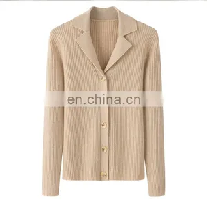 Women's High Quality Winter Solid Pattern Knitted Polo Shirt Pure Cashmere Button-Up Cardigan Formal Style thumbnail-1